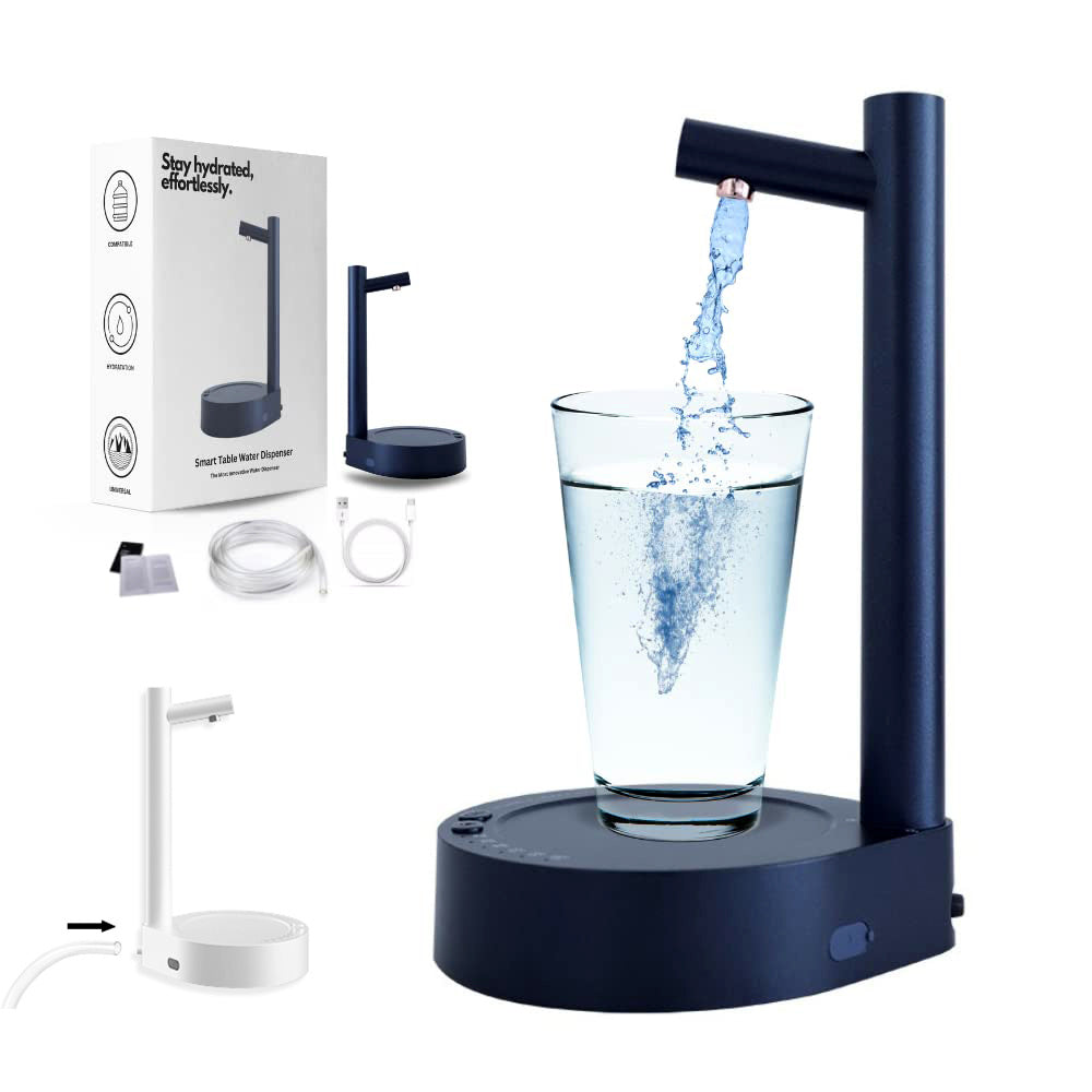 Automatic water bottle dispenser with rechargeable USB feature, dispensing water into a glass. Portable and ideal for home or outdoor use.