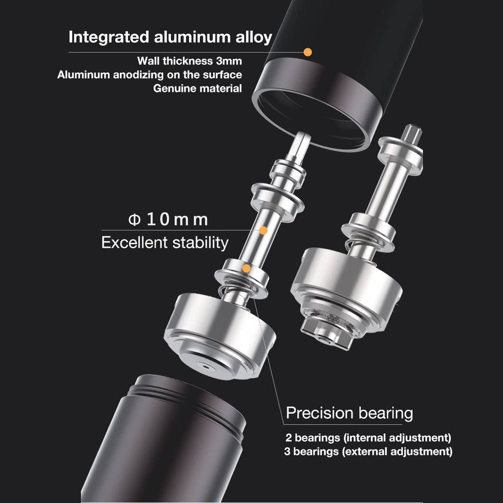 Portable hand crank coffee grinder with an integrated aluminum alloy body and adjustable burrs. Features a 10mm conical burr for precise grinding control.