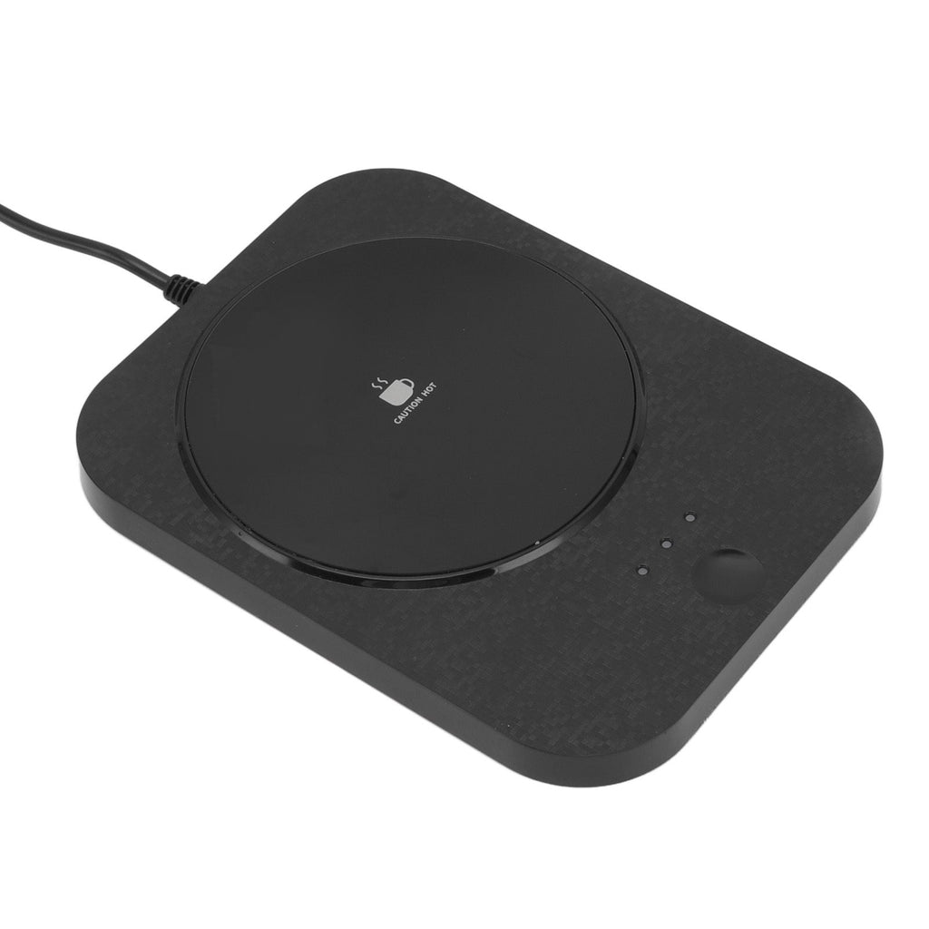 Smart Mug Warmer with 3-gear control, USB-powered heating coaster in black, keeping a milk cup warm. Ideal for home and office use.