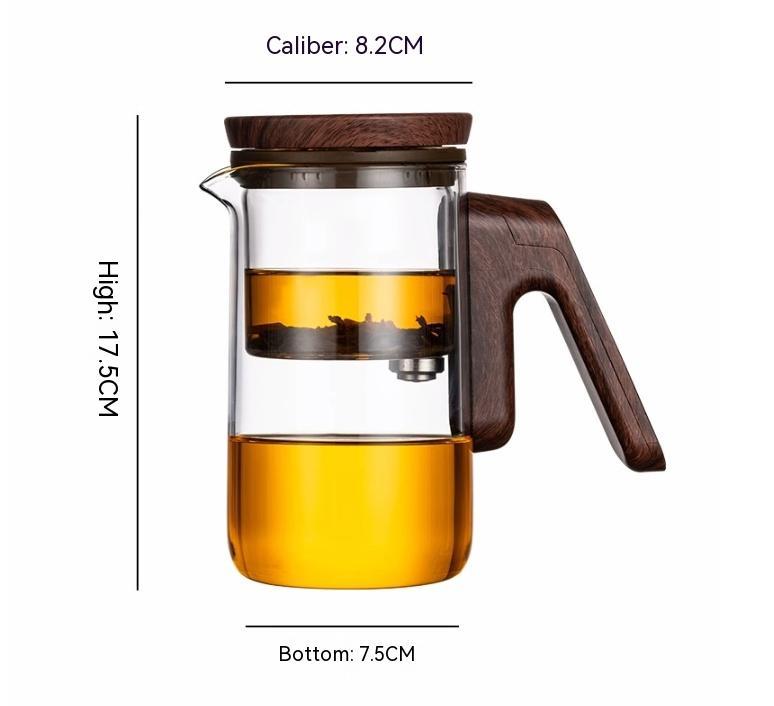 Glass tea pot with an eagle spout for precise pouring, featuring a walnut wood grain lid and embedded stainless steel base for durability.