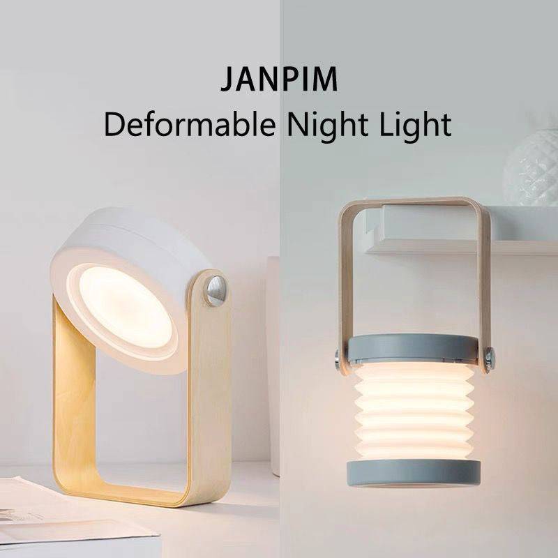 JANPIM deformable night light in two positions: expanded lantern and compact spotlight. USB rechargeable with touch dimmable brightness.