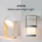 JANPIM deformable night light in two positions: expanded lantern and compact spotlight. USB rechargeable with touch dimmable brightness.