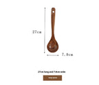 Wooden soup spoon, 27cm long and 7.8cm wide, with rounded handle and visible grain.