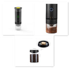 Portable coffee machine with a detachable design, showcasing its coffee bean storage and capsule compatibility for convenient brewing.