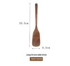 Teak wood square spatula measuring 33.5cm in length and 6.5cm in width. Durable and eco-friendly kitchen utensil for cooking and serving.