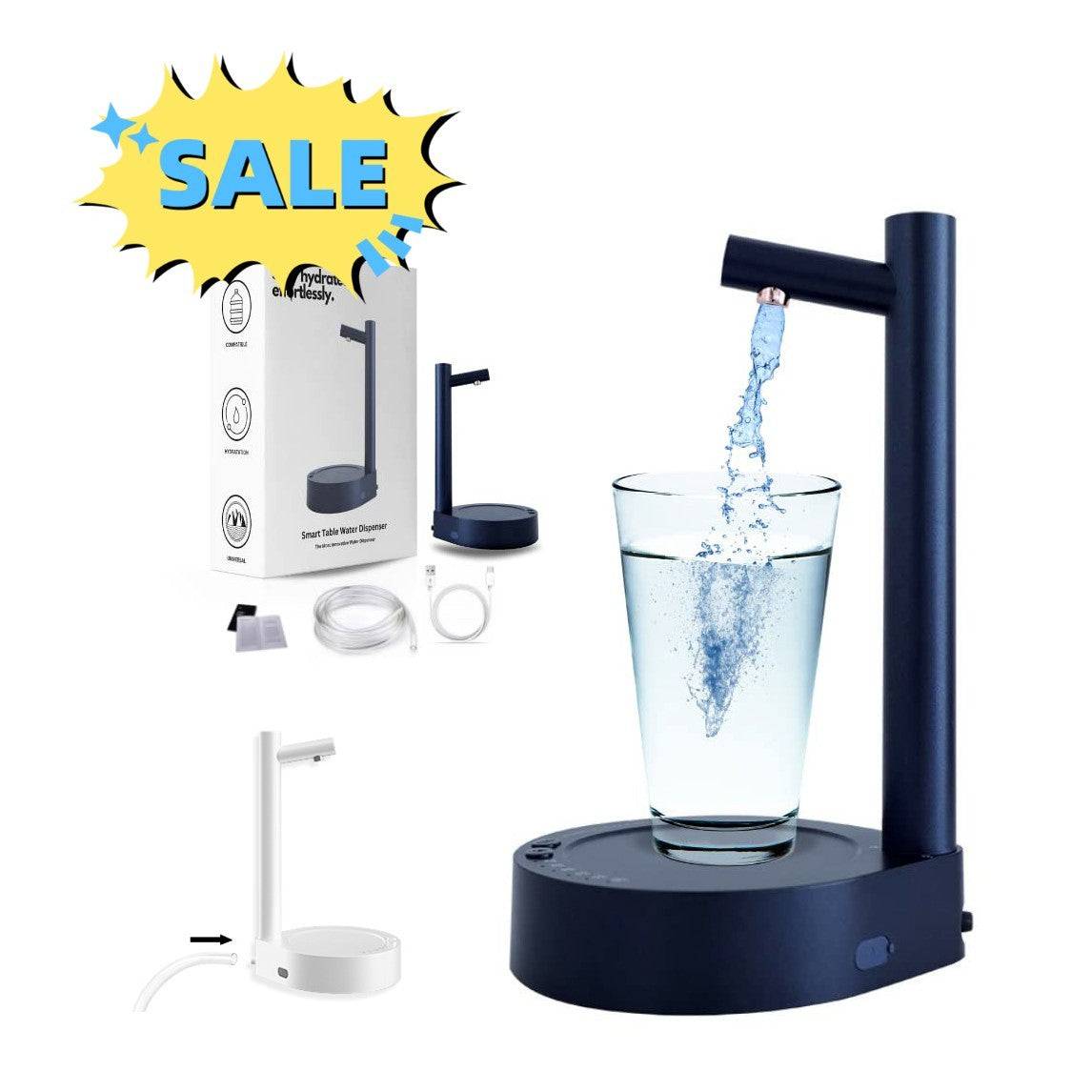 Automatic water bottle dispenser with rechargeable USB feature, dispensing water into a glass. Portable and ideal for home or outdoor use.