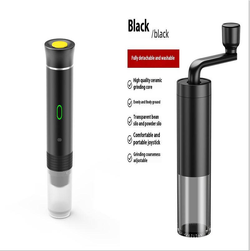Black capsule coffee machine with a detachable manual grinder, featuring an adjustable ceramic grinding core for fresh coffee preparation.