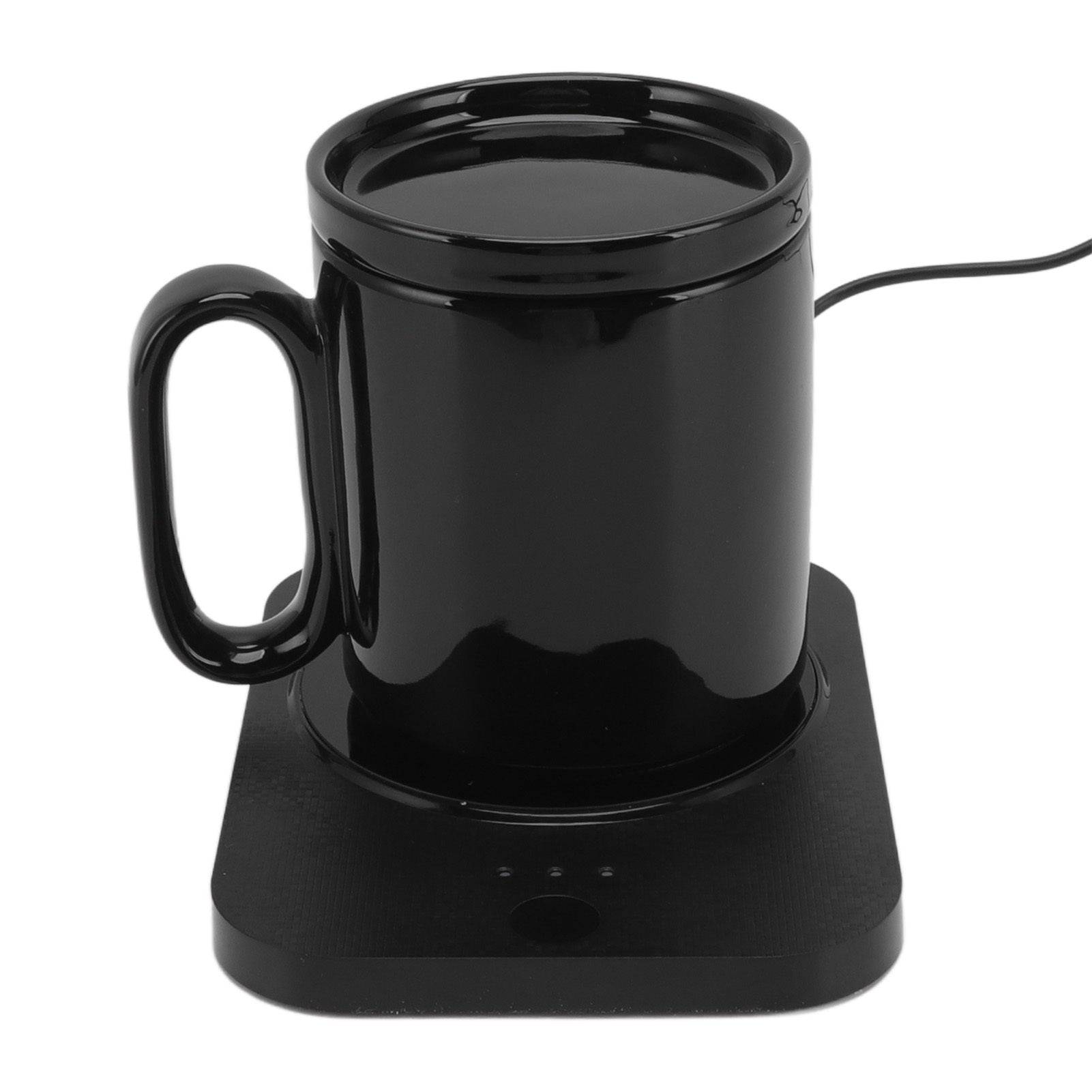 Smart Mug Warmer with 3-gear control, USB-powered heating coaster in black, designed for milk cup insulation and coffee warming.