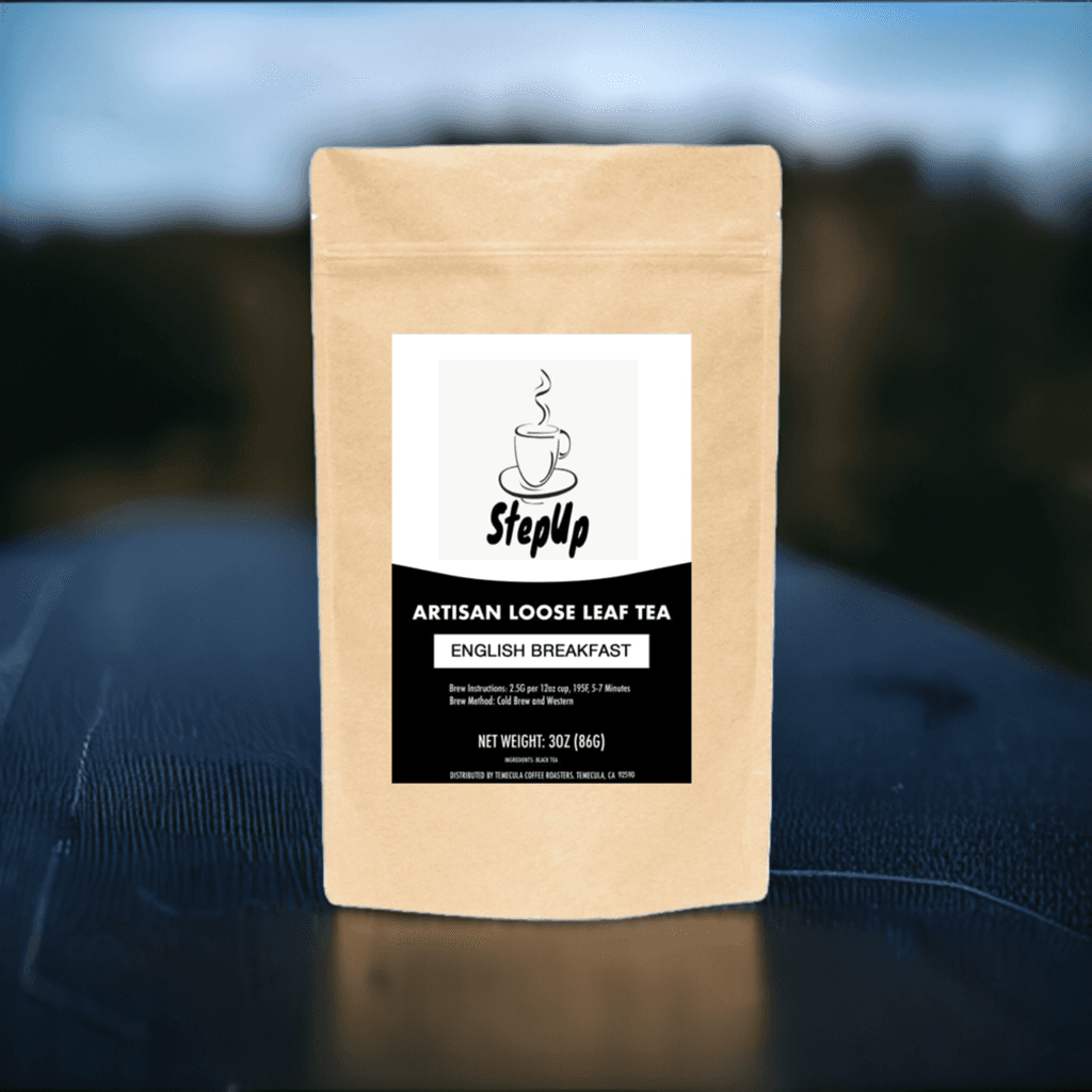 StepUp Artisan Loose Leaf Tea - English Breakfast blend in a resealable kraft pouch. Premium black tea with rich, bold flavor for a classic morning brew.