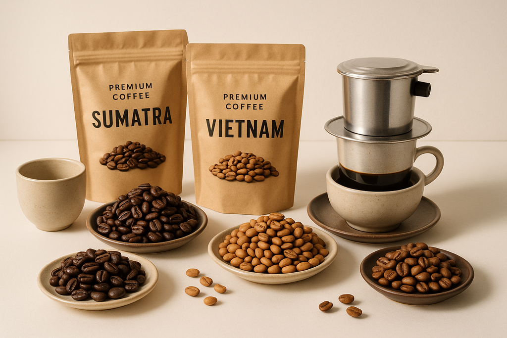 please generate another image of coffee of Asian blends but with a lighter background.