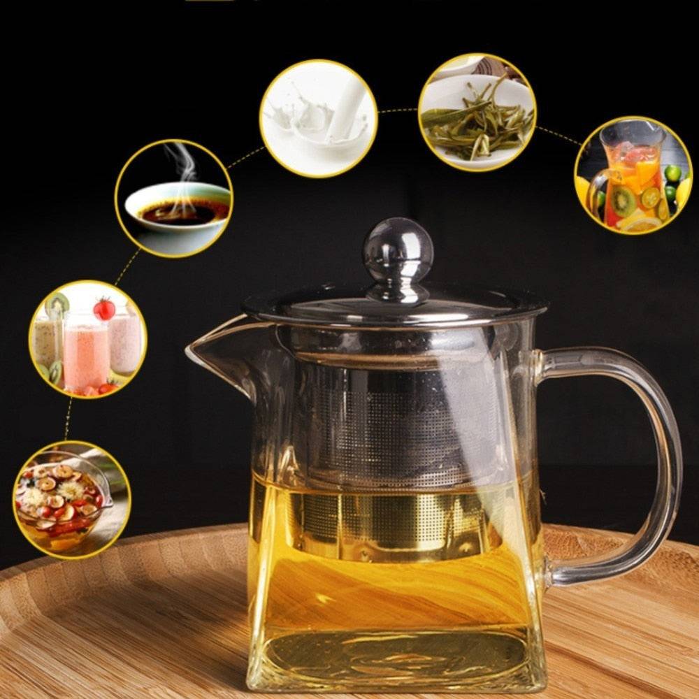 Glass infuser teapot with stainless steel lid and filter, pouring freshly brewed tea into a matching glass cup. Ideal for effortless tea brewing.