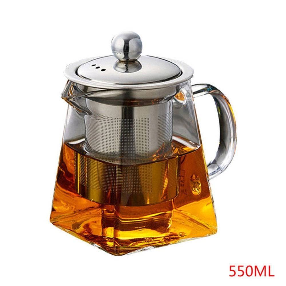 Infuser teapot with a 550ml capacity, featuring a stainless steel lid and mesh filter for effortless tea brewing. Made of high-quality glass for optimal flavor infusion.