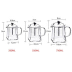 Glass infuser teapot in three sizes: 350ML, 550ML, and 750ML. Features a stainless steel filter and lid for effortless tea brewing.