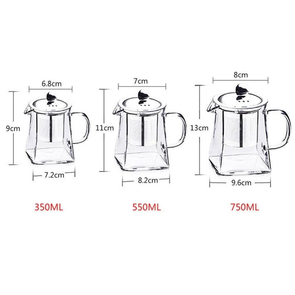 Glass infuser teapot in three sizes: 350ML, 550ML, and 750ML. Features a stainless steel filter and lid for effortless tea brewing.