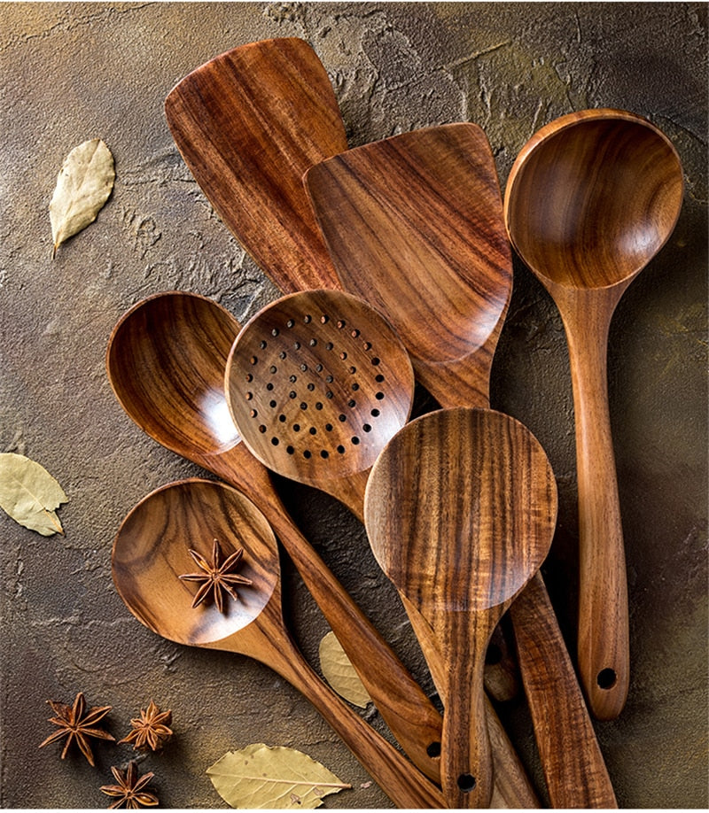 Teak Wooden Cooking Set on a kitchen countertop