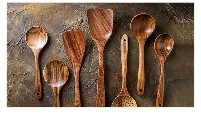 Teak wooden spoons on a table