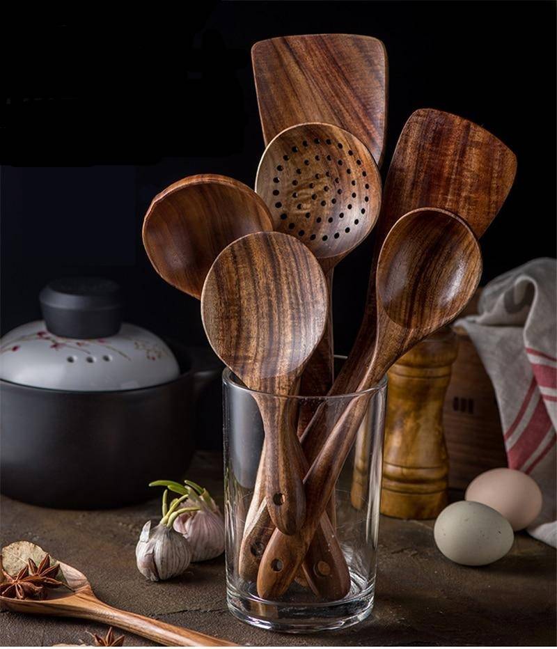Close-up of Teak Wooden Cooking Utensils