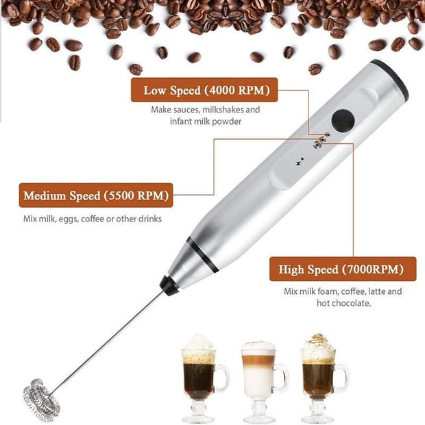 Milk Frother Handheld, USB Rechargeable Electric Foam Maker for Coffee, 3  Speeds Mini Milk Foamer Drink Mixer, Silver 