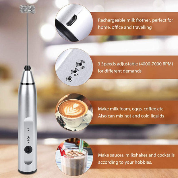 Milk Frother Handheld, USB Rechargeable Electric Foam Maker for Coffee, 3 Speeds Mini Milk Foamer Drink Mixer Egg Beater with 2 Whisks, Size: White