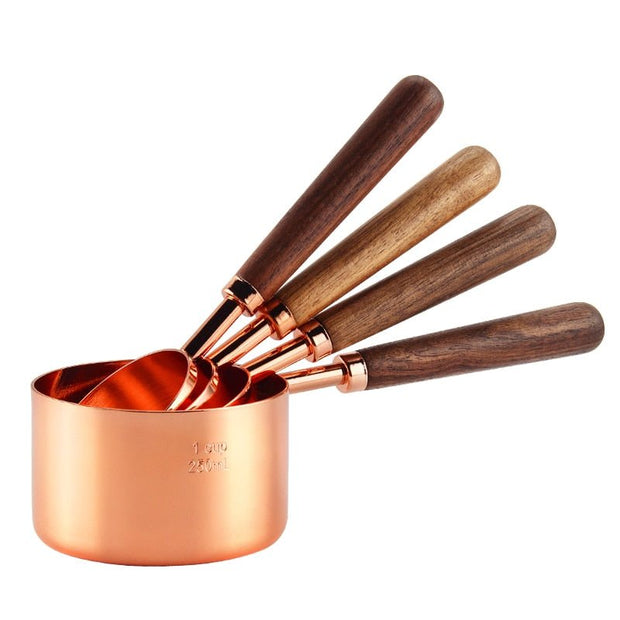 Rose Gold Plated Stainless Steel Measuring Cup Measuring Jugs Coffee Scoop Spoon With Wooden Handle Cake Kitchen Baking Tools